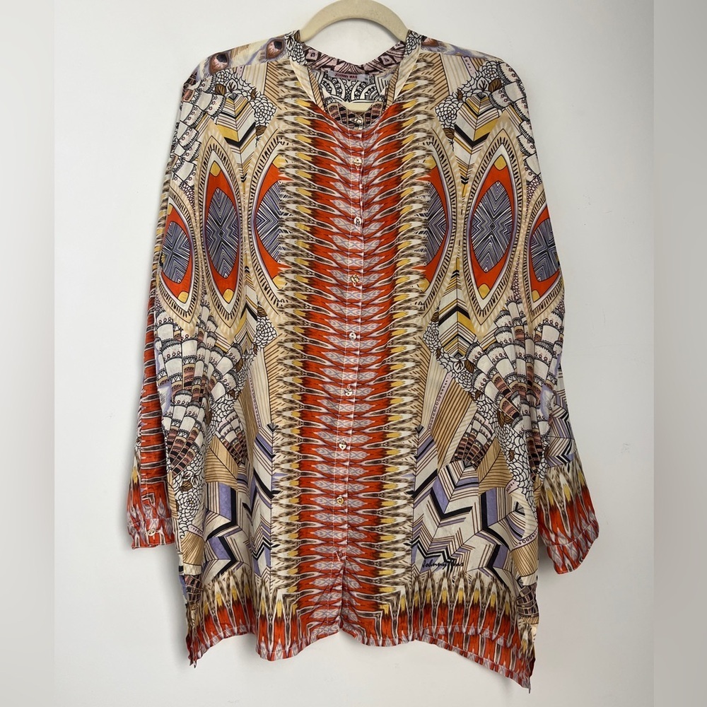Johnny Was Small 100% Silk Warm Tone Feather Print Georgette Oversized Tunic Top